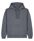A blue-grey, long-sleeved hoodie with a front pocket and hood drawstrings, shown laid flat on a white background.