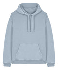 A hoodie sweatshirt in light blue, featuring a front kangaroo pocket, long sleeves, and an adjustable drawstring hood, laid flat on a white background.