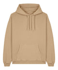 A beige hooded sweatshirt with a hood, front pocket, and drawstrings, featuring long sleeves plus ribbed cuffs and hem, shown against a white background.