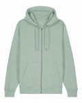 The SX712 by Stanley/Stella is a mint green zip-up hoodie featuring a hood, drawstrings, and front pockets.