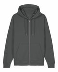 The Stanley/Stella SX712 is a charcoal gray zip-up hoodie featuring a drawstring hood and two front pockets, displayed on a plain background.