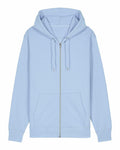 A light blue SX712 zip-up hoodie from Stanley/Stella, featuring a hood and drawstrings. It includes a front zipper and two pockets, with a clean design free of visible logos or patterns. The garment is displayed flat against a white background.