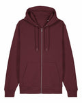 The SX712 by Stanley/Stella is a maroon zip-up hoodie featuring a drawstring hood and two front pockets, set against a simple white background.