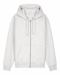 The SX712 by Stanley/Stella is a light gray zip-up hoodie featuring two front pockets and a drawstring hood, showcased flat against a white background.
