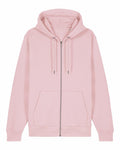 Introducing the Stanley/Stella SX712: A stylish pink zip-up hoodie featuring a drawstring hood and convenient front pockets, beautifully showcased against a plain white background.