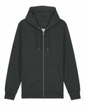 The Stanley/Stella SX712 is a dark green, zip-up hoodie displayed flat against a plain white background. It features long sleeves and a casual look with its drawstring hood, front pockets, and relaxed fit.