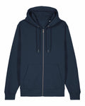 Introducing the Stanley/Stella SX712: A stylish navy blue hoodie featuring a front zipper, drawstrings, and two convenient front pockets. Displayed flat from the front for a complete view of its design.