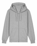 Product SX712, a plain gray zip-up hoodie by Stanley/Stella, features a hood and front pockets, displayed on a white background.
