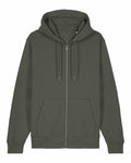 The Stanley/Stella SX712 is a zip-up hoodie in green, featuring a drawstring hood and front pockets, showcased against a plain white background.