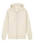 The SX712 by Stanley/Stella is a plain, cream-colored zip-up hoodie featuring a hood and front pockets. It includes drawstrings at the neck and is shown against a white background.