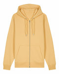 A yellow zip-up hoodie, model SX712 by Stanley/Stella, with an adjustable drawstring hood and front pockets, showcased on a white background. The hoodie boasts a simple and casual design, perfect for everyday wear.