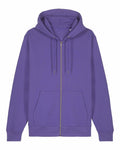 A Stanley/Stella SX712 purple zip-up hoodie, featuring a drawstring hood and front pockets, is laid flat against a white background.