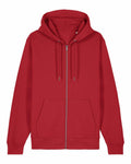 The SX712 by Stanley/Stella is a red hoodie with a zip-up design and drawstrings on the hood. It includes a front zipper closure and two spacious pockets, crafted from soft, comfortable material. The hoodie is shown against a plain white background.
