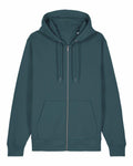 A plain, dark green zip-up hoodie from Stanley/Stella, known as the SX712 model, featuring a drawstring hood and two front pockets. The hoodie is laid flat, highlighting its front side and zipper detail.