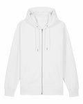 The SX712 by Stanley/Stella is a simple white zip-up hoodie featuring a drawstring hood and two front pockets, shown against a white background.