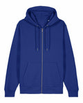 The Stanley/Stella SX712 is showcased as a comfortable and casual blue zip-up hoodie, featuring a drawstring hood and two front pockets, making it ideal for everyday wear.