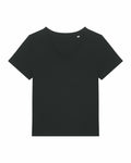 A black V-neck T-shirt from Stanley/Stella model SX720 displayed on a white background.