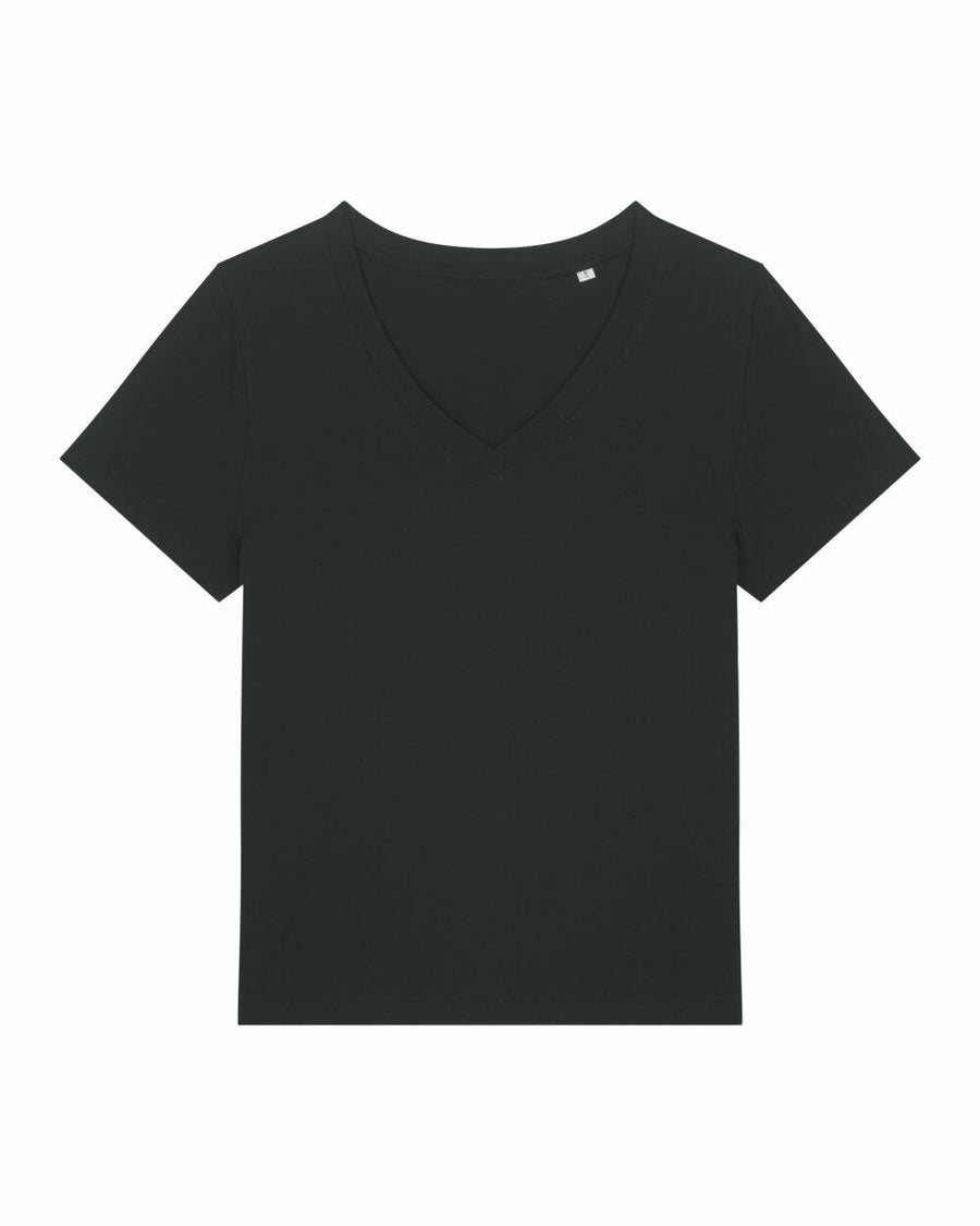 A black V-neck T-shirt from Stanley/Stella model SX720 displayed on a white background.
