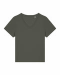 The Stanley/Stella SX720 is a plain, dark green V-neck t-shirt with short sleeves, showcased against a white background.