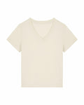 The SX720 by Stanley/Stella is a light beige plain V-neck T-shirt with short sleeves, presented against a white backdrop.