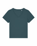 A dark green SX720 V-neck T-shirt from Stanley/Stella is displayed on a plain white background. The shirt features short sleeves and a simple design.
