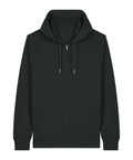 A black zip-up hoodie features a front zip, adjustable drawstring hood, and two front pockets, shown on a white background.