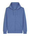 The Hoodies product is a blue zip-up hoodie with a hood, front zip, two front pockets, and drawcords, shown laid flat on a white background.