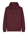 A maroon zip-up hoodie with a hood, drawstrings, and front kangaroo pockets, shown on a white background.
