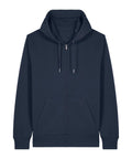 A Hoodies navy blue zip-up hoodie with front pockets, hood drawcords, and long sleeves is shown on a white background.