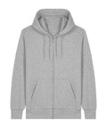 A hoodie zip-up in light grey with front zip, two front pockets, drawstring hood, and ribbed cuffs and hem, displayed flat on a white background.