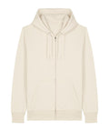 A light beige zip-up hoodie with a drawstring hood and two front pockets, shown on a white background.