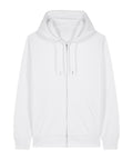 The Hoodies product is displayed laid flat, featuring a white zip-up design with a drawstring hood, long sleeves, and two front pockets. Made from soft, lightweight fabric.