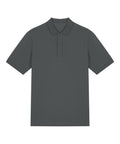 The polo shirt, in plain dark grey, is short-sleeved with a collar, three-button placket, and cuffed sleeves. It is laid flat on a white background.