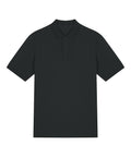 A Polo shirt in black, featuring short sleeves, a collar, and a two-button placket, is shown laid flat on a white background.