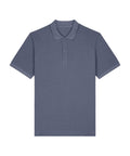 A slate blue polo shirt with short sleeves, a collar, and three buttons is displayed flat on a white background.