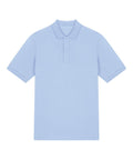 A polo shirt in light blue with short sleeves, a collar, and a two-button placket is laid flat on a white background.