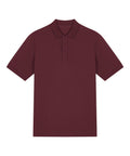 A polo shirt in maroon is displayed flat on a white background, featuring short sleeves, a collar, and a two-button placket.
