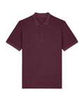 A plain burgundy polo shirt with short sleeves, a collar, and three front buttons, displayed flat on a white background.