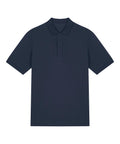 A navy blue short-sleeve polo shirt with a collar and two buttons, shown on a white background.