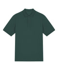 A dark green polo short-sleeve shirt with a collar and two-button placket, displayed flat on a white background.