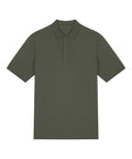 An olive green polo short-sleeve shirt with a collar and two-button placket is displayed flat on a white background.