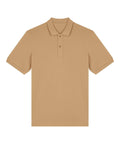 A Polos short-sleeve polo shirt in light brown, with a collar and three-button placket, is shown laid flat on a white background.