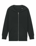 The SX749, by Stanley/Stella, is a plain black hoodie featuring a front zipper and side pockets.