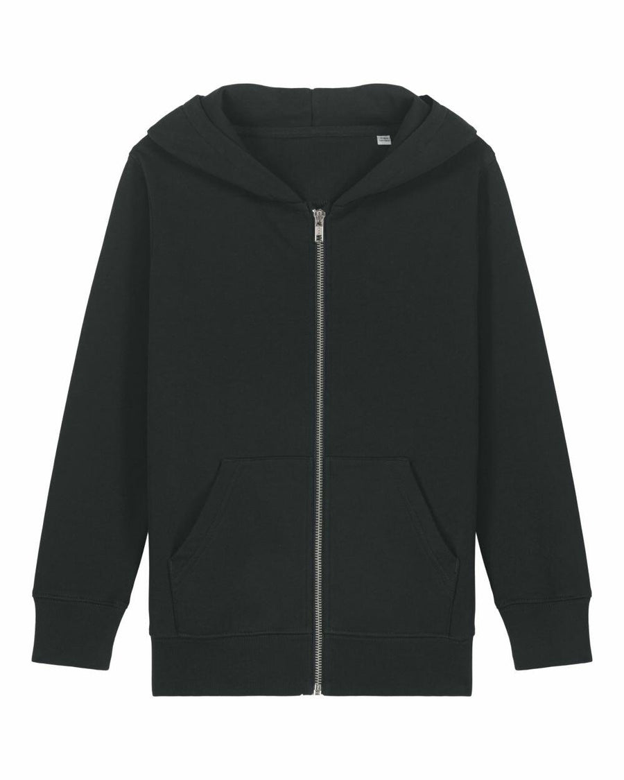 The SX749, by Stanley/Stella, is a plain black hoodie featuring a front zipper and side pockets.