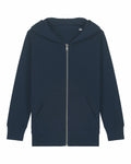Stanley/Stella SX749 in navy blue featuring a zip-up design, front pocket, and hood, showcased against a plain background.