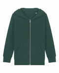 A Stanley/Stella SX749 dark green zip-up hoodie featuring a hood and two front pockets, showcased against a plain white background. The material looks soft and comfortable, ideal for casual wear.