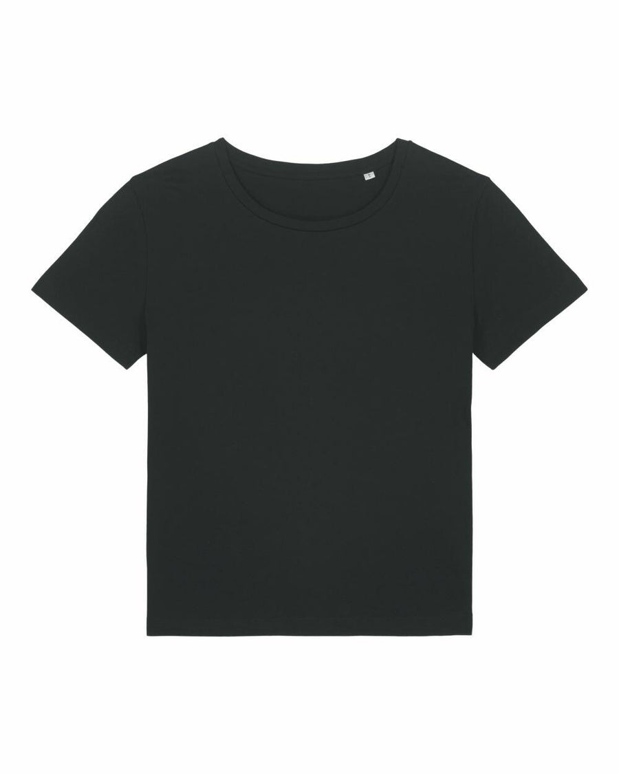 SX781 by Stanley/Stella: A plain black T-shirt featuring a round neck and short sleeves set against a white background.