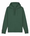 A plain green Stanley/Stella hoodie, model SX789, featuring a front pocket and drawstring hood, displayed against a white background.