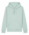 The SX789 by Stanley/Stella is a plain, light mint-green hoodie featuring a front pocket and a drawstring hood, showcased against a white background.