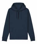 Stanley/Stella SX789 navy blue hoodie featuring a front pocket and drawstring hood, showcased on a plain white background.